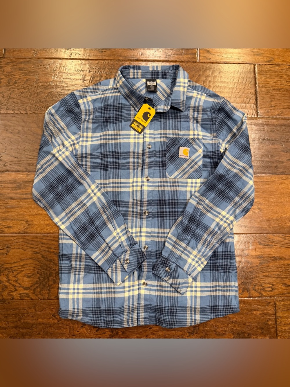 Carhartt Original Fit Flannel Shirt Boys XL Blue Plaid Long Sleeve Button Up